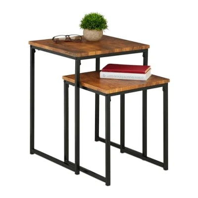 Image de Relaxdays Lot de 2 Tables d’appoint, empilables, Tailles, carrées, métal, pour Le Salon, déco, Marron Noir