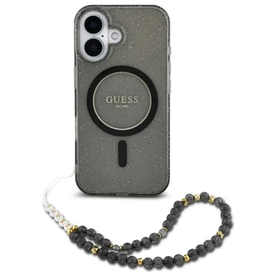 Image de Étui Guess pour iPhone 16 6.1 noir étui rigide IML Glitter With Pearl Strap MagSafe Neuf