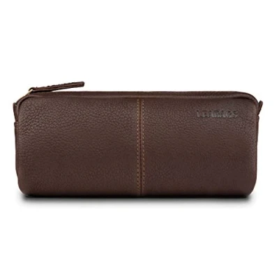 Image de LEABAGS Étui à Crayons en Cuir Grand étui stylos véritable Trousse pour Le Travail, l&#039;université et l&#039;école Dark Coffee