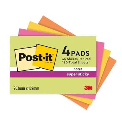 Image de Post it Super Sticky Meeting Notes, Pack de 4 Blocs, 45 Feuilles par Bloc, 203 mm x 152 mm, Vert, Rose, Jaune, Orange Couleurs Notes Adhésives Grand Format pour Prise