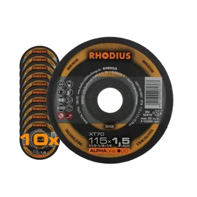 Image de RHODIUS Lot de 10 disques à tronçonner en acier inoxydable extra fin pour meuleuse d&#039;angle Ø 115 mm