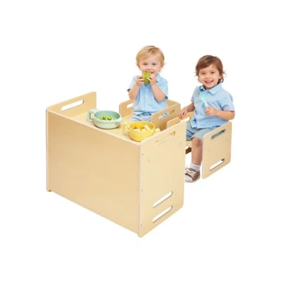 Image de VEVOR Ensemble Table et Chaises pour Diversification Autonome Enfants, Mobilier DME en Bois, de d&#039;Activités Enfants avec 2 Chaises, Hauteur Réglable, Dessiner Lire Manger