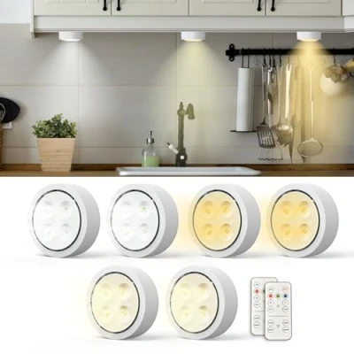 Image de Lampe de Placard Lot 6, Moman Lumière Cuisine Sous Meuble avec Télécommande, Spot LED Minuterie Intensité Réglable Veilleuse Eclairage à Piles Pour Armoire,Escalier,Vitrine (T048 Blanc)