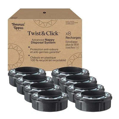 Image de Tommee Tippee Recharges Originales pour Poubelle à couches Twist &amp; Click, Lot exclusif de 8, Recharge rapide et Pack économique (l&#039;emballage peut varier)