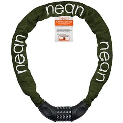 Image de cadenas de vélo nean avec chiffres et niveau sécurité élevé, antivol chaîne bicyclette, à combinaison code numérique, maillons en acier trempé, 6 mm x 900 (sombre olive vert)