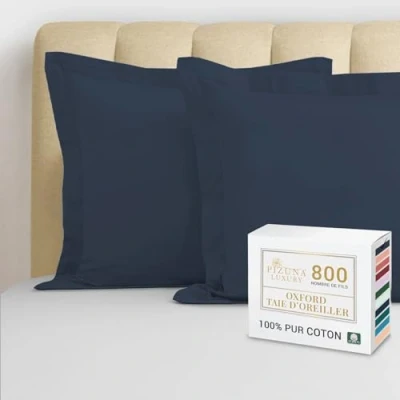 Image de Pizuna Luxueux Set de 2 Taies d&#039;oreiller 65x65 cm Bleu Foncé, 100% Coton Longue Tige 800 Fils Armure Satin Douces en (Bleu Foncé Pièces)