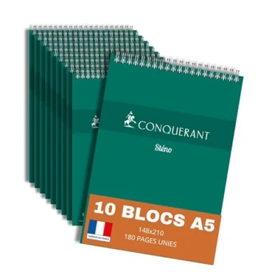 Image de CONQUERANT lot de 10 Bloc Notes Sténo A5 Uni 180 Pages Reliure Intégrale Couverture Carte Verte