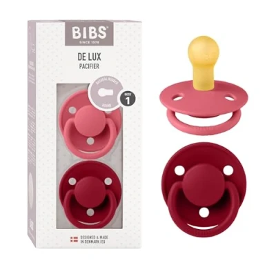Image de tétine BIBS de Lux, lot 2, caoutchouc naturel, danoise en forme cerise. Sans BPA. (Coral/Ruby, taille 1 (0 6 mois))