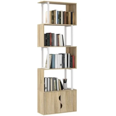 Image de HOMCOM Bibliothèque à 5 Niveaux, Meuble de Rangement en Forme S avec étagères et Placard Double Porte, étagère pour Salon, Chambre Bureau, 60 x 23,8 179,2 cm, Effet Bois Naturel