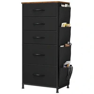 Image de YITAHOME Commode avec Poches latérales et Crochets, à 5 Tiroirs en Tissu Meuble de Rangement Dessus Bois pour Chambre Coucher, Salon, d&#039;enfant, Noir