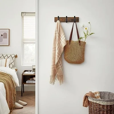 Image de ACAZA Porte Manteau mural avec 3 Crochets compact en Bois Style industriel Vintage Marron et Noir