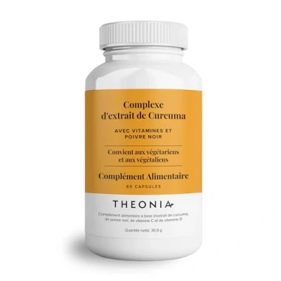 Image de Complément alimentaire Complexe à l&#039;extrait de curcuma Theonia Vitamine D3 et C, Poivre noir Contribue la bonne santé des muscles, articulations os 60 gélules 200 mg