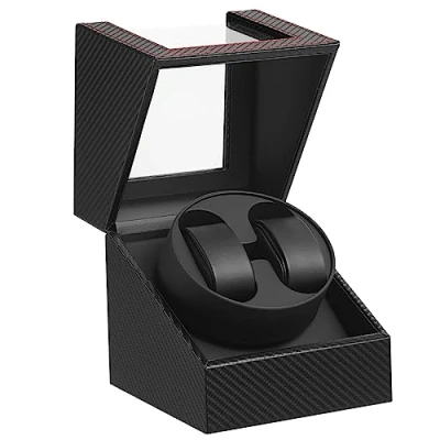 Image de DRAIGERWAY Remontoir Montre Automatique Automatische Uhrenbeweger Box PU Leder Uhrengehäuse mit leisem Motor Netzteil für Automatikuhren (Faser aus Kohlenstoff DGW)