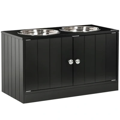 Image de PawHut gamelles Chiens surélevées gamelle Double Chien Chat Porte 60 x 30 35,5 cm 2 2L Acier INOX incluses Bois Noir