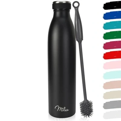 Image de Milu Gourde en acier inoxydable 350 ml 500 ml, 750 1000 1,5 l bouteille isotherme, d&#039;eau isolée, double paroi anti fuite, convient aux acides carboniques (Noir, 1500ml)