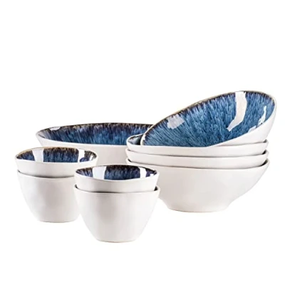 Image de MÄSER Série Frozen Lot de 9 bols en céramique magnifique, 1 saladier, 4 à ramen et sauce, formes organiques au look vintage, lasuré la main, grès, bleu, 26
