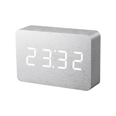 Image de Gingko Brick LED Click Clock Réveil rechargeable avec activation sonore (heure, date et température), aluminium/LED blanche