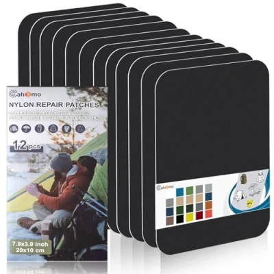Image de Patch en nylon autocollant, Cahomo 12 Pièces 20X10 cm de réparation imperméable tissu autocollant reparation, pour veste, tentes, doudoune, sac couchage, sacs à dos Noir