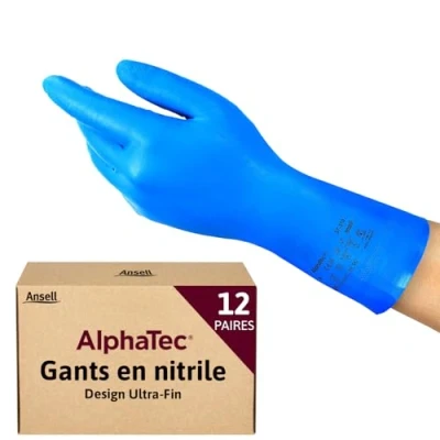 Image de Ansell AlphaTec 37 310 Gants de Travail en Nitrile, Longs et Réutilisables, Résistance Chimique Contact Alimentaire, Protection Professionnelle Multiusage, Bleu, Taille M (12 Paires)