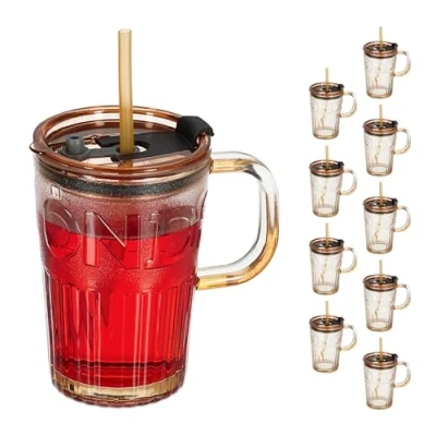 Image de Relaxdays Jarre avec Paille, Couvercle et Anse, lot Pratique de 10, Volume : 450 ML, pour Votre Smoothie, Marron Clair