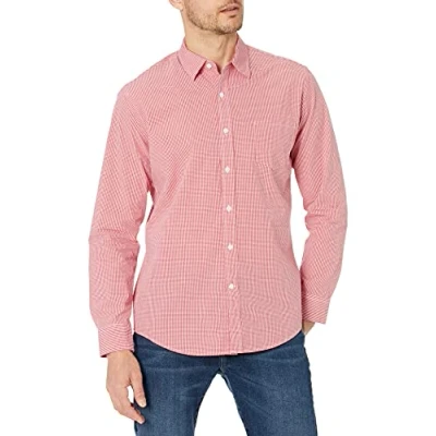 Image de Amazon Essentials Chemise en Popeline à Manches Longues, Style Décontracté, Coupe Standard Homme, Rouge Motif Vichy, XXL