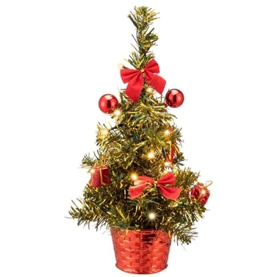 Image de CASARIA® Mini Sapin de Noël Artificiel 36cm Guirlande Lumineuse 10 LED Blanc Chaud minuteur 6h/18h Arbre décoré réutilisable Vert