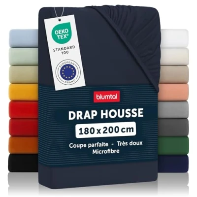 Image de Blumtal Basics Drap Housse180 x 200 30cm Housse 180 30cm, Microfibre De Haute Qualité Doux, Résistant, Anti Plis Certifié Oeko Tex Dark Ocean Blue Bleu