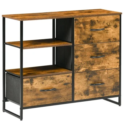 Image de HOMCOM Meuble de Rangement, Commode, Buffet Rangement Style Industriel 4 tiroirs Pliables 2 étagères Acier et Bois 84 x 30 71,5 cm