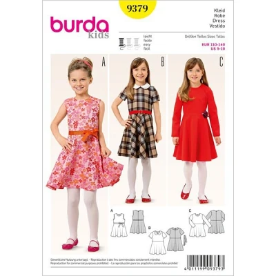 Image de Burda 9379 Modèle filles robe avec jupe cloche et motif à carreaux (Kids, taille 110 140) Niveau 2 lumière