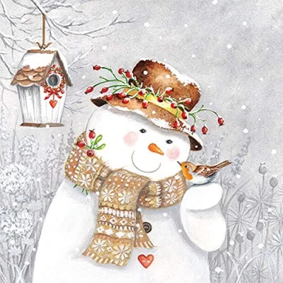 Image de Ambiente Serviette de Table Noël 33 cm Bonhomme Neige Tenant Robin Serviettes