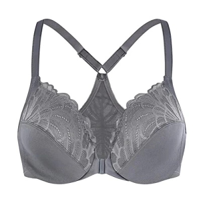 Image de MELENECA Femme Soutien Gorge Grande Taille Fermeture Devant Dentelles Racerback Non Rembourré Anthracite 95F