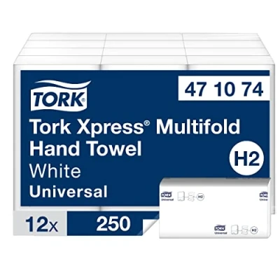 Image de Tork Xpress Essuie mains interfoliés 471074 Papiers d&#039;essuyage pliés en Z, qualité Universal pour Distributeur H2 papier, 1 pli, blanc 12 x 250 feuilles