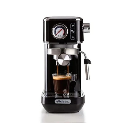 Image de Ariete Espresso Slim Metal 1381, Machine à Café avec Manomètre, Compatible en Poudre et Dosettes ESE, 15 Bar Max, Filtre 1 ou 2 Tasses, Buse Cappuccino, 1300W, Noir