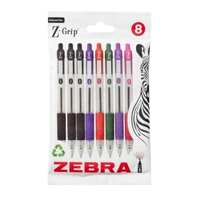 Image de Zebra Pen Z Grip Lot de 8 stylos à bille assortis avec clip poche, rétractables encre assortie, fiables pour un usage quotidien, motif zèbre