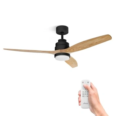 Image de UFESA CFNP Ventilateur de Plafond avec Lumière, 40W, 6 Vitesses, Silencieux, 3 Pales en Bois Naturel 132cm, Fonction été hiver, Minuterie 8h, Niveaux Télécommande, Nero Clair