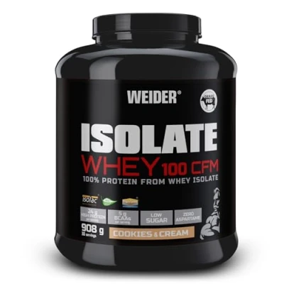 Image de Weider Isolate Whey 100 CFM. Goût Cookies &amp; Cream. Mélange protéines avec isolat de lactosérum. Prise masse musculaire. Sans aspartame. Faible teneur en sucre. 908g