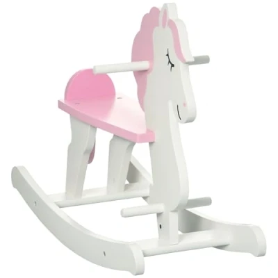 Image de HOMCOM Cheval à Bascule en Bois pour Enfant de 1 3 Ans Jouet bébé garçons et filless Repose Pied butées Blanc Rose