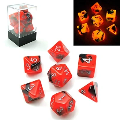 Image de Bescon Gemini Glowing Polyédrique dés Lot de 7 Hot Rocks, Lumineuse RPG Dice Ensemble D4 D6 D8 D10 D12 D20 D%, Brick Box Emballage