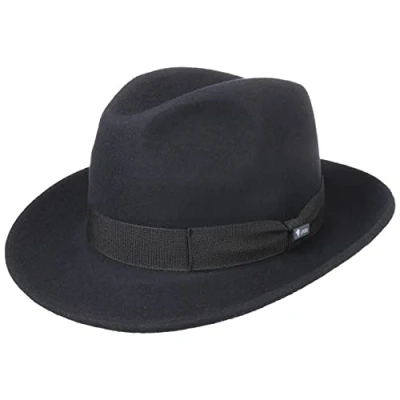 Image de Lipodo Chapeau en Feutre Basic Bogart Femme/Homme Made in Italy de Fedora Laine avec Ruban Gros Grain Hiver Automne Été Printemps été M (56 57 cm) Bleu foncé