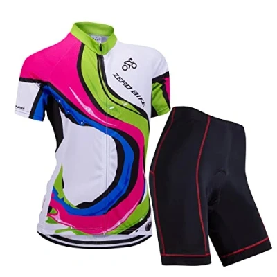 Image de Femmes Vélo Cyclisme Respirant à séchage Rapide Maillots Set, Jersey Cycle Manches Courtes Veste + 3D Coussin Rembourré Serré Shorts Pantalon (Barre de Couleur, XL)