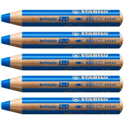 Image de STABILO Lot de 5 Crayons WOODY 3 en 1 Extra large Bleu cobalt moyen