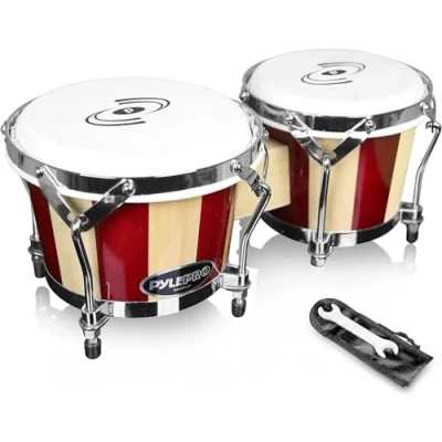 Image de PYLE Tambour Bongo Fait à La Main, Bongos Instruments Paire de Tambours en Bois, 16,5 cm et 19