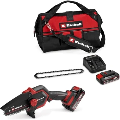 Image de Einhell Tronçonneuse à chaîne sans fil GE PS 18/15 Li Bag Kit Power X Change (18 V, Brushless, longueur de coupe 12,5 cm, avec batterie 2,5 Ah, chargeur, rechange, sac 45/29)