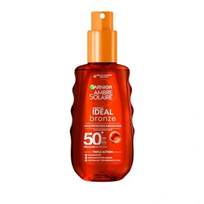 Image de GARNIER Ambre Solaire Ideal Bronze Huile Protectrice Sublimatrice SPF 50+ Nourrit &amp; Sublime Le Bronzage Vitamine E Beurre de Karité Vegan Cruelty Free Tous Types Peaux 150 ml
