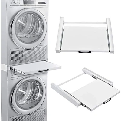 Image de [en.casa] Kit de Superposition Universel Cadre avec Tablette Coulissante pour Lave Linge Sèche Standard 60 cm Machine à Laver Acier Laqué Blanc