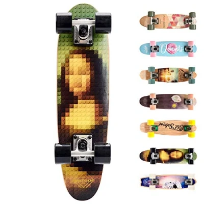 Image de meteor Fancy Board Vintage Mini Cruiser Complete Bois véritable Érable Canadien Skateboard Ridge Skate Planche a roulettes rétro 55 cm / 22&quot; (Mona Lisa)