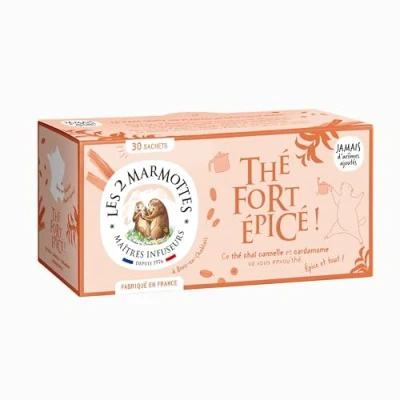 Image de Les 2 Marmottes Thé Fort épicé Chai noir BIO, cannelle et cardamome Energisant gourmand Pour le matin 30 Sachets par boite Made in France 48g