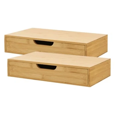Image de [en.casa] Lot de 2 Étagères Murales Design Intemporel avec Tiroir Intégré Ensemble Tables Chevet Suspendues Capacité Charge 5 kg Bambou 40 x 24 8 cm Naturel