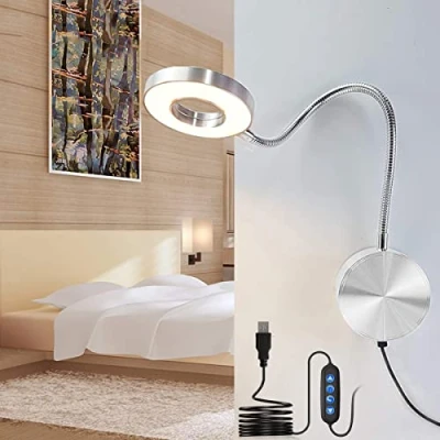 Image de LANMOU Lampe Chevet Murale, de Lecture Murale LED Dimmable 5W Applique Liseuse avec interrupteur, Col Cygne Flexible en Aluminium, Prise USB, pour Lire au Lit, Chambre, Argent