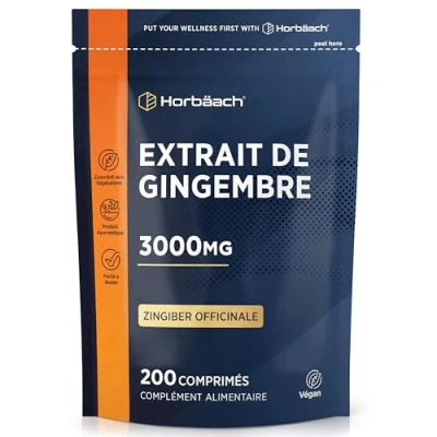 Image de Gingembre 3000mg 200 Comprimés Végétaliens en Poudre Source de Fer, Potassium, Vitamine C, Magnésium Zingiber Officinale Ginger Root Horbaach